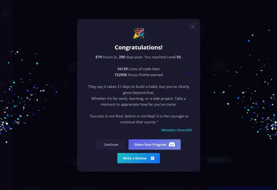The LevelUp milestone modal in VS Code, confetti raining down either side: "Congratulations! 879 hours in, 290 days past. You reached Level 50", below it 16139 lines of code and 722995 Focus Points earned, a Churchill quote, and the buttons Continue, Share Your Progress and Write a Review